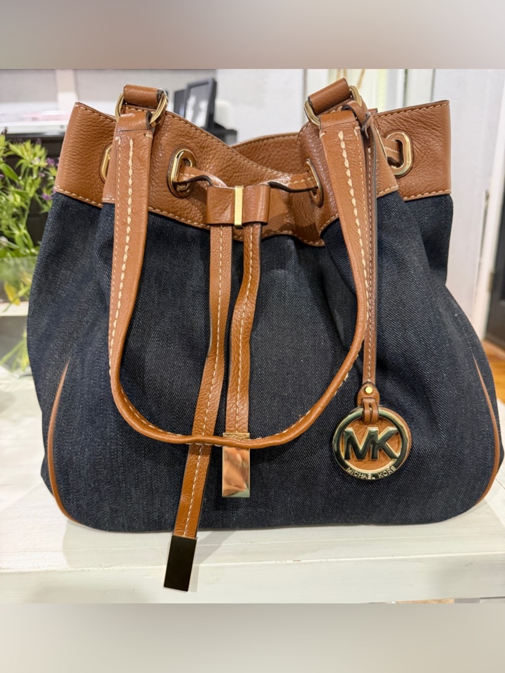 Michael Kors Navy Denim Bucket Bag with Brown Leather Trim